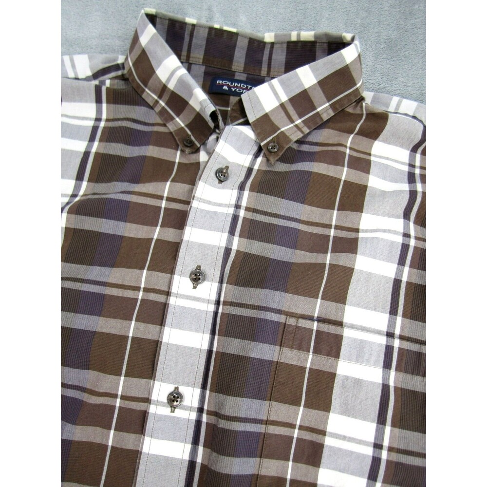 Roundtree & Yorke Men's Sz. XXL 2XL Button Down Long Slv Plaid Brown White